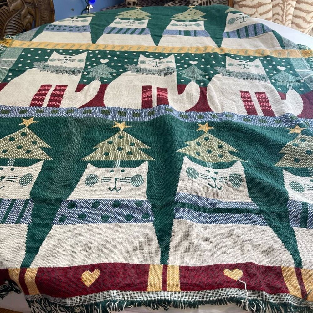 Crown Crafts Cat Kitty Christmas Cotton Throw Blanket VTG Rare